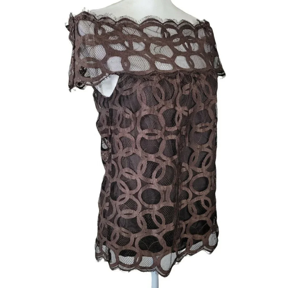 Robert Rodriguez Sz 2 Off The Shoulder Top Lace Over Silk Brown Circle Design - Picture 2 of 11